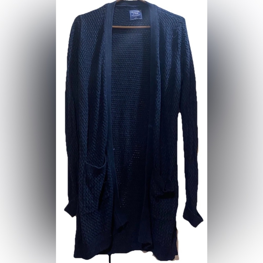 Abercrombie & Fitch BLACK Long Open Front Pocket Knit Cardigan Size Small